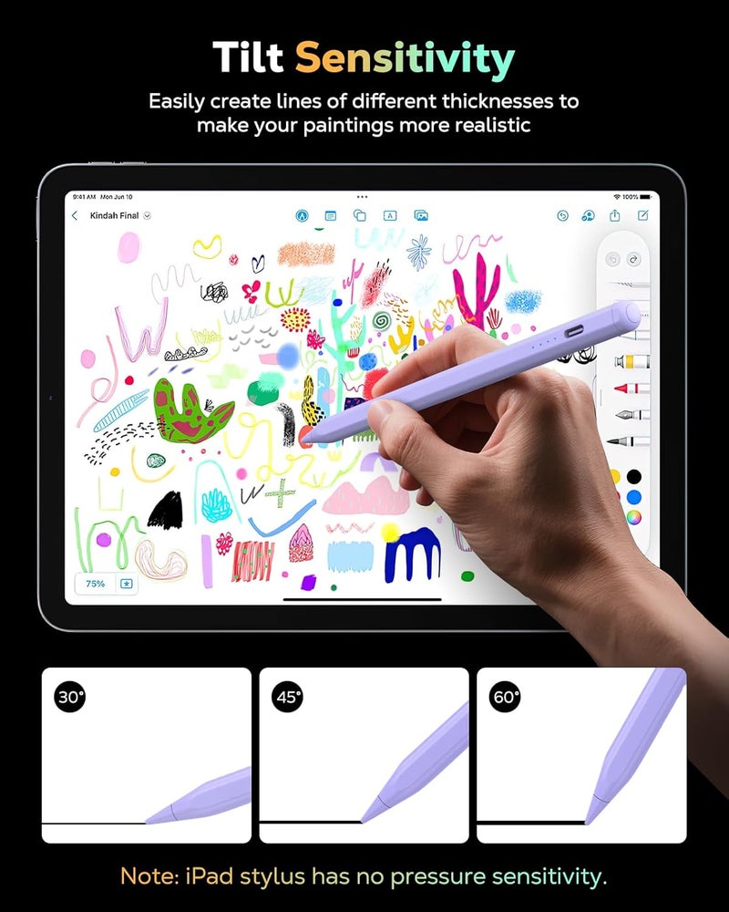 MoKo قلم رصاص لجهاز iPad (A16) الجيل 11 و10، قلم ستايلس لجهاز iPad Apple 2018-2025 11/10/9/8/7/6/A16، ميني 7/6/5، إير M3/M2 11"/13"/5/4/3، برو M4 13"/12.9"/11" حساسية الميل، شحن سريع USB-C، بنفسجي - Image 3